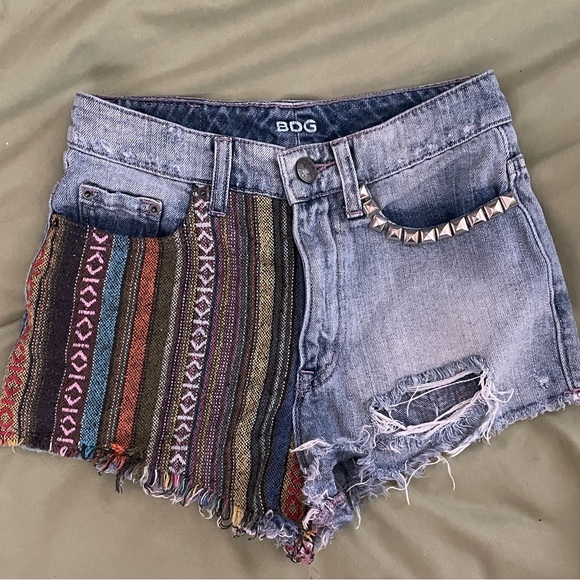 BDG Pants - BDG Patchwork Studded Denim Cutoff Shorts
